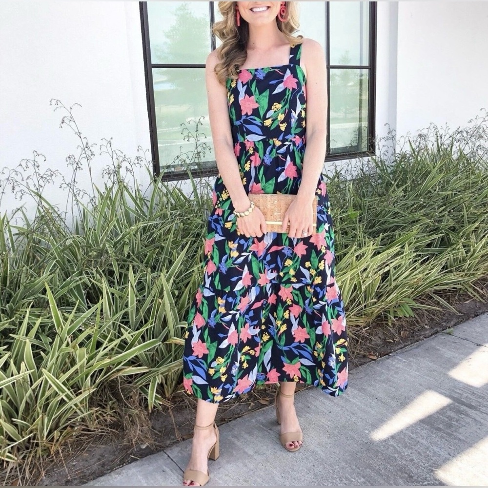 J.CREW Imogine Floral Tiered Dress Midi Maxi Blue Pink Green Yellow Pockets Long